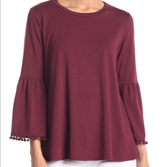 Johnny Was | Bell Sleeve Pom Pom Trim Top Wine XS - Picture 2 of 9